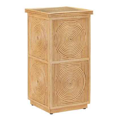 Santos Accent Table by Currey and Company in sea sand, clear. Made from rattan, mahogany, glass in a transitional style.