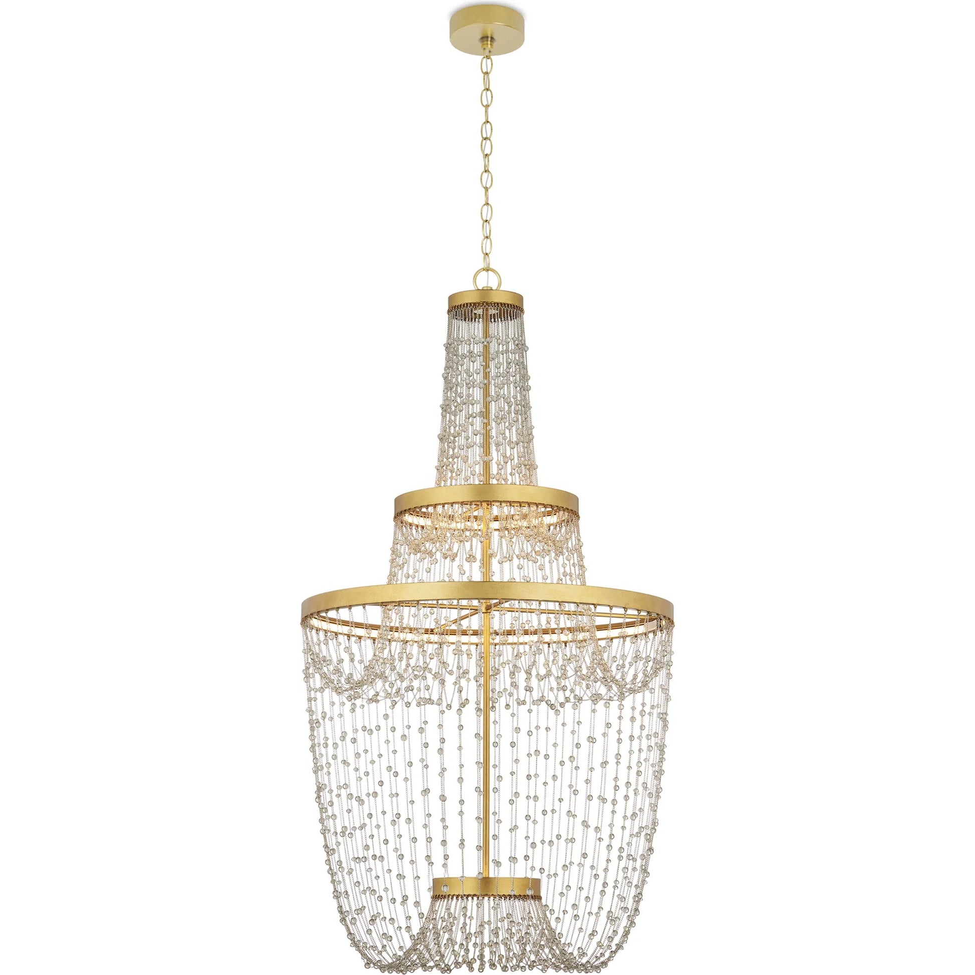 Mademoiselle Chandelier by Currey and Company in contemporary gold leaf, contemporary gold, clear. Made from glass beads, wrought iron in a unique style.