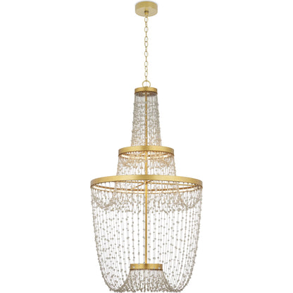 Mademoiselle Chandelier by Currey and Company in contemporary gold leaf, contemporary gold, clear. Made from glass beads, wrought iron in a unique style.