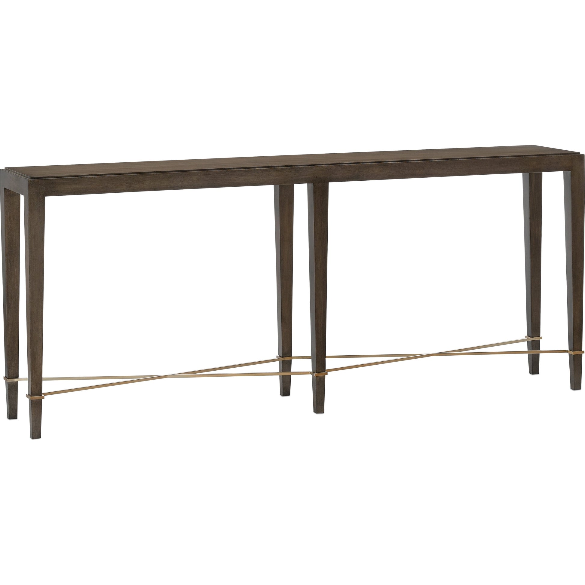 Verona Chanterelle Console Table by Currey and Company in chanterelle, champagne. Made from mahogany, brass, iron in a transitional style.