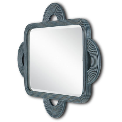 Santos Rectangular Mirror by Currey and Company in navy. Made from rattan, mahogany, glass in a modern style.