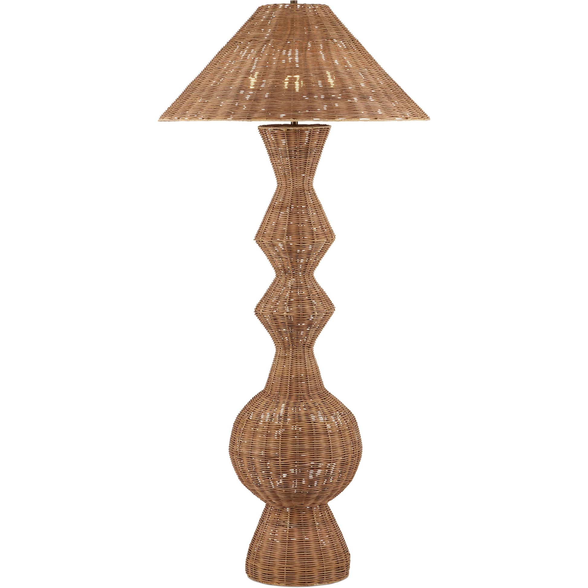 Nirvana Floor Lamp by Currey and Company in natural. Made from rattan in a rustic style.