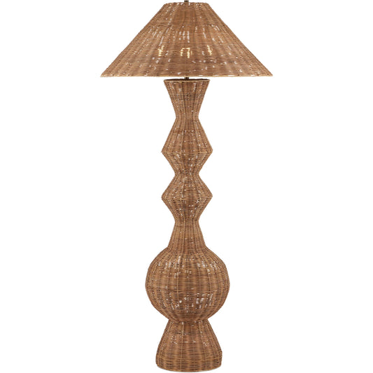 Nirvana Floor Lamp by Currey and Company in natural. Made from rattan in a unique style.