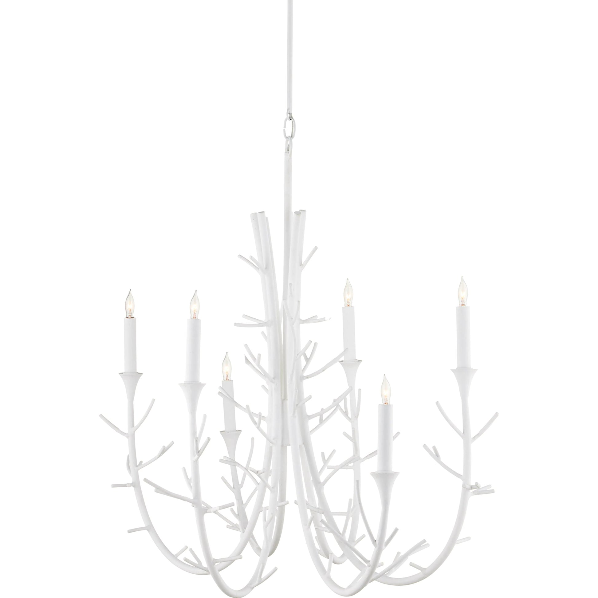 Twiggy Oval Chandelier by Currey and Company in gesso white. Made from wrought iron in a modern style.