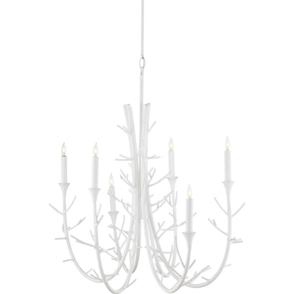 Twiggy Oval Chandelier by Currey and Company in gesso white. Made from wrought iron in a modern style.