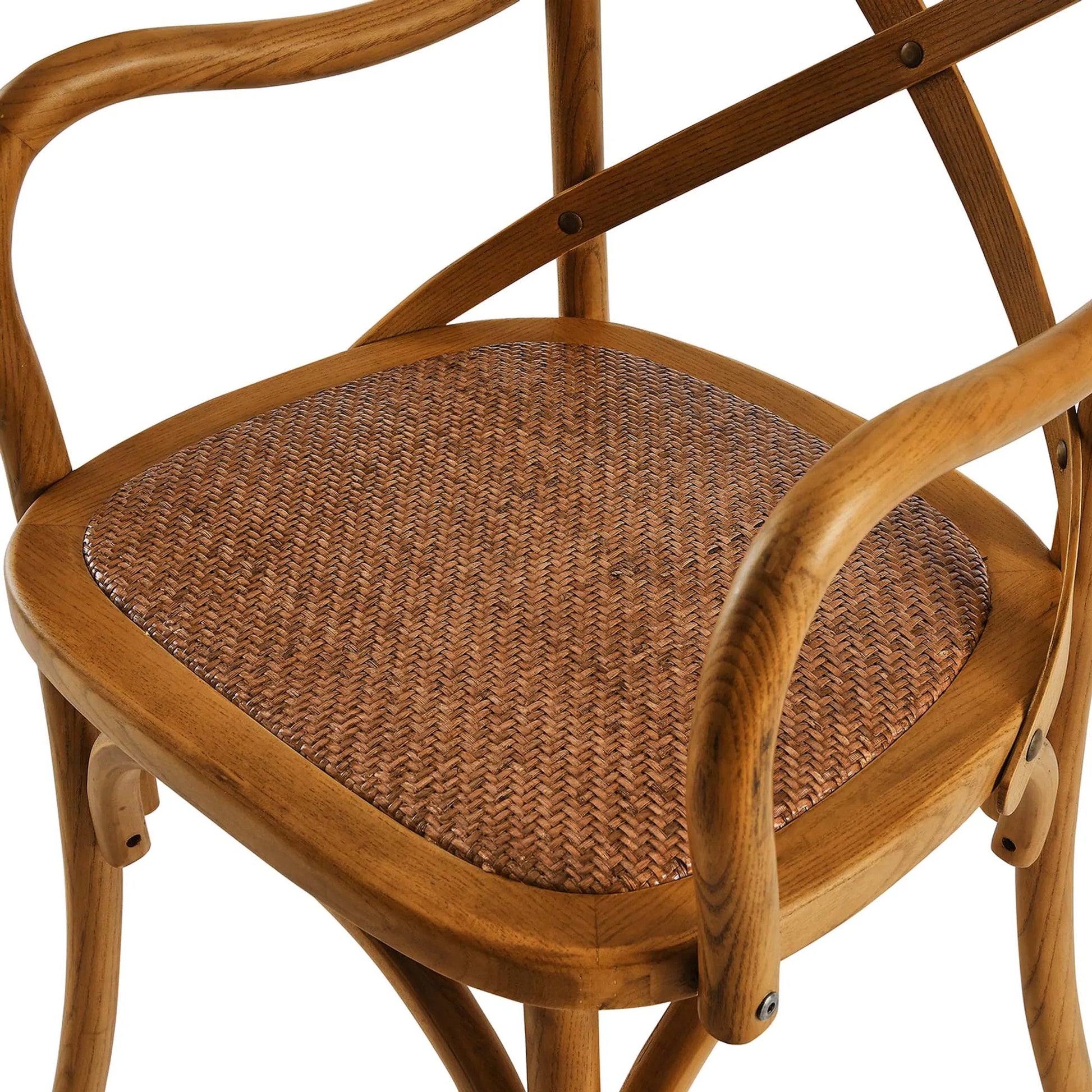 Easton Dining Armchair by Evans & Londeen in walnut. Made from chinese toon, plywood, rattan in a cottage & farmhouse style.
