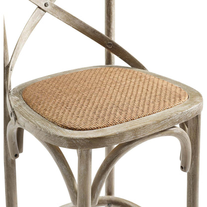 Easton Bar Stool by Evans & Londeen. Made from edge chinese elm wood, middle p2 plywood, top rattan, white foot pins in a cottage & farmhouse style.
