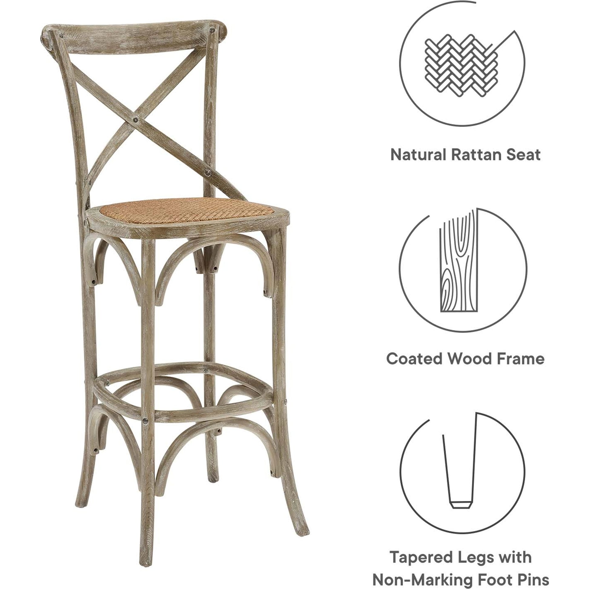 Easton Bar Stool by Evans & Londeen. Made from edge chinese elm wood, middle p2 plywood, top rattan, white foot pins in a cottage & farmhouse style.