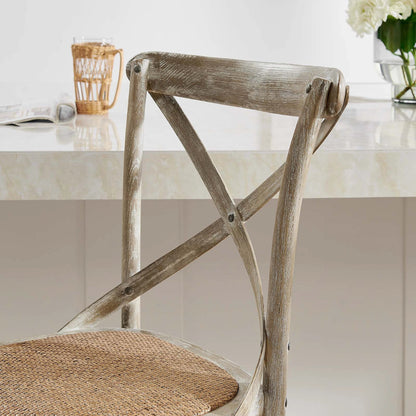 Easton Bar Stool by Evans & Londeen. Made from edge chinese elm wood, middle p2 plywood, top rattan, white foot pins in a cottage & farmhouse style.