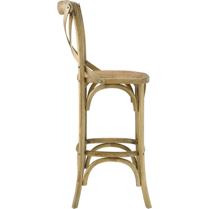 Easton Bar Stool by Evans & Londeen. Made from edge chinese elm wood, middle p2 plywood, top rattan, white foot pins in a cottage & farmhouse style.