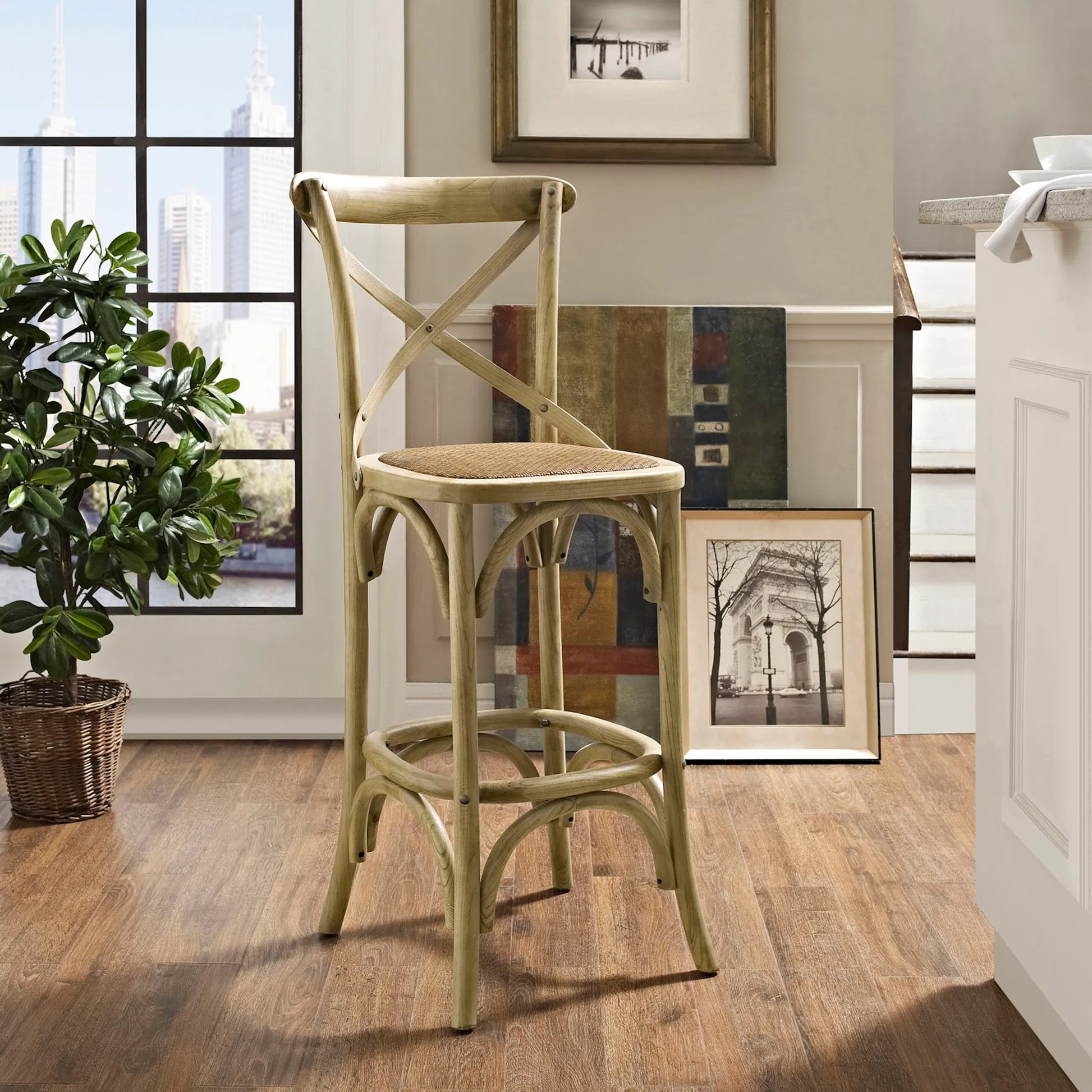 Easton Bar Stool by Evans & Londeen. Made from edge chinese elm wood, middle p2 plywood, top rattan, white foot pins in a cottage & farmhouse style.