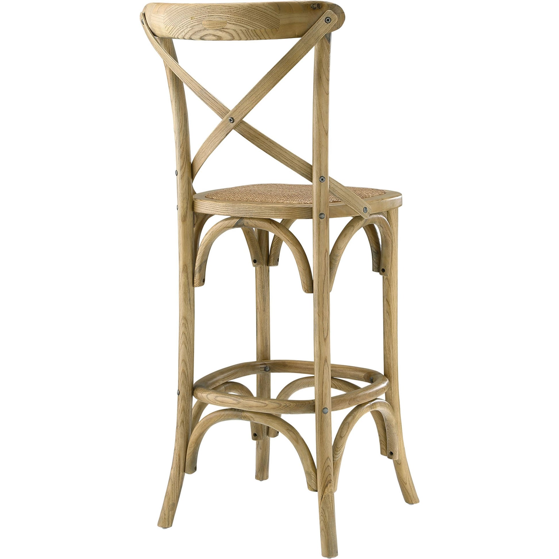 Easton Bar Stool by Evans & Londeen. Made from edge chinese elm wood, middle p2 plywood, top rattan, white foot pins in a cottage & farmhouse style.