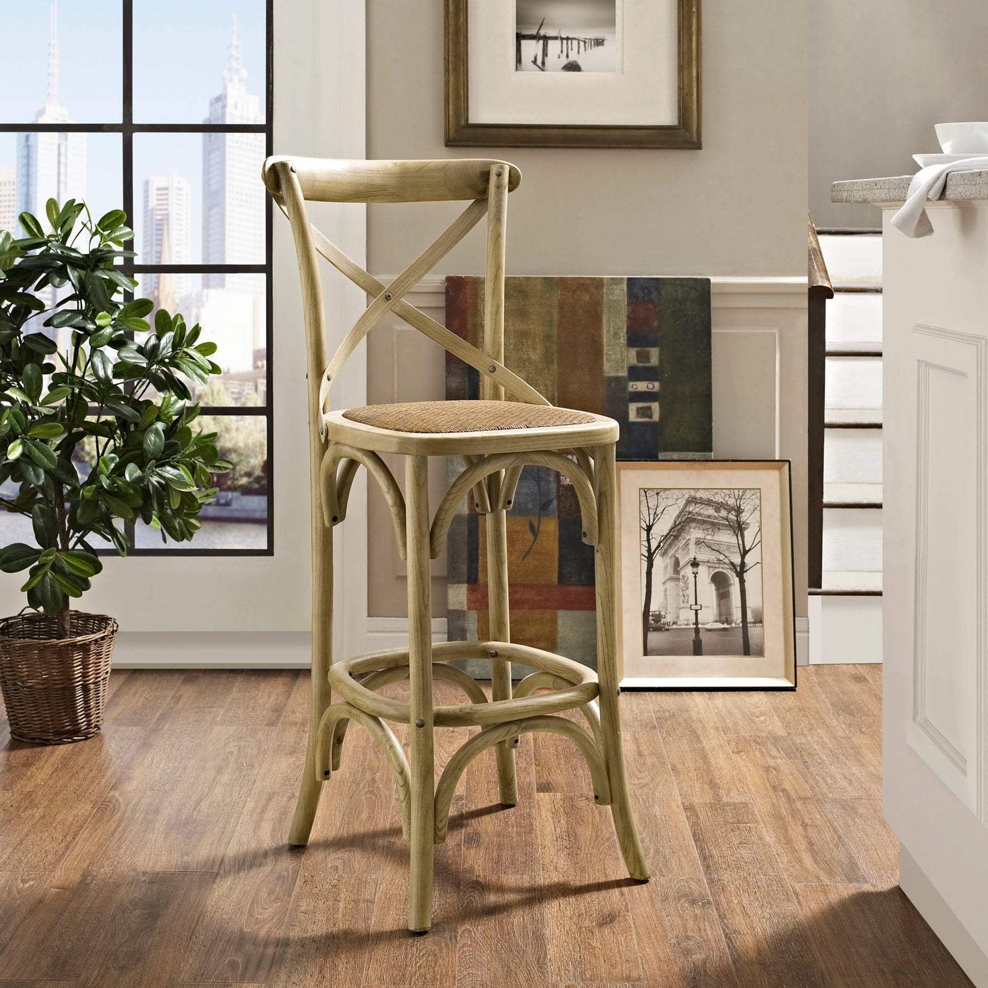 Easton Bar Stool by Evans & Londeen. Made from edge chinese elm wood, middle p2 plywood, top rattan, white foot pins in a cottage & farmhouse style.