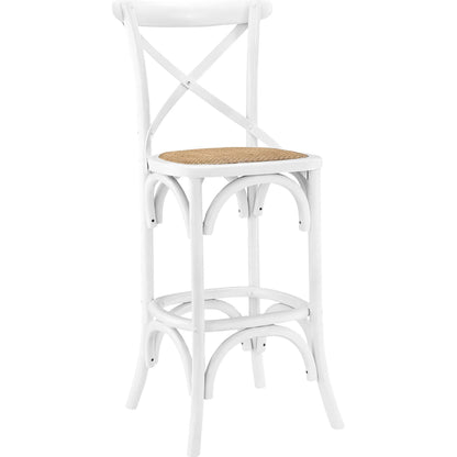 Easton Bar Stool by Evans & Londeen. Made from edge chinese elm wood, middle p2 plywood, top rattan, white foot pins in a cottage & farmhouse style.