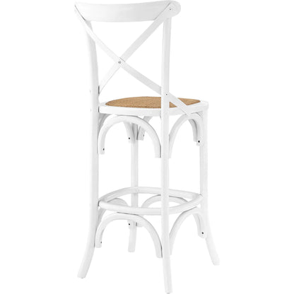 Easton Bar Stool by Evans & Londeen. Made from edge chinese elm wood, middle p2 plywood, top rattan, white foot pins in a cottage & farmhouse style.