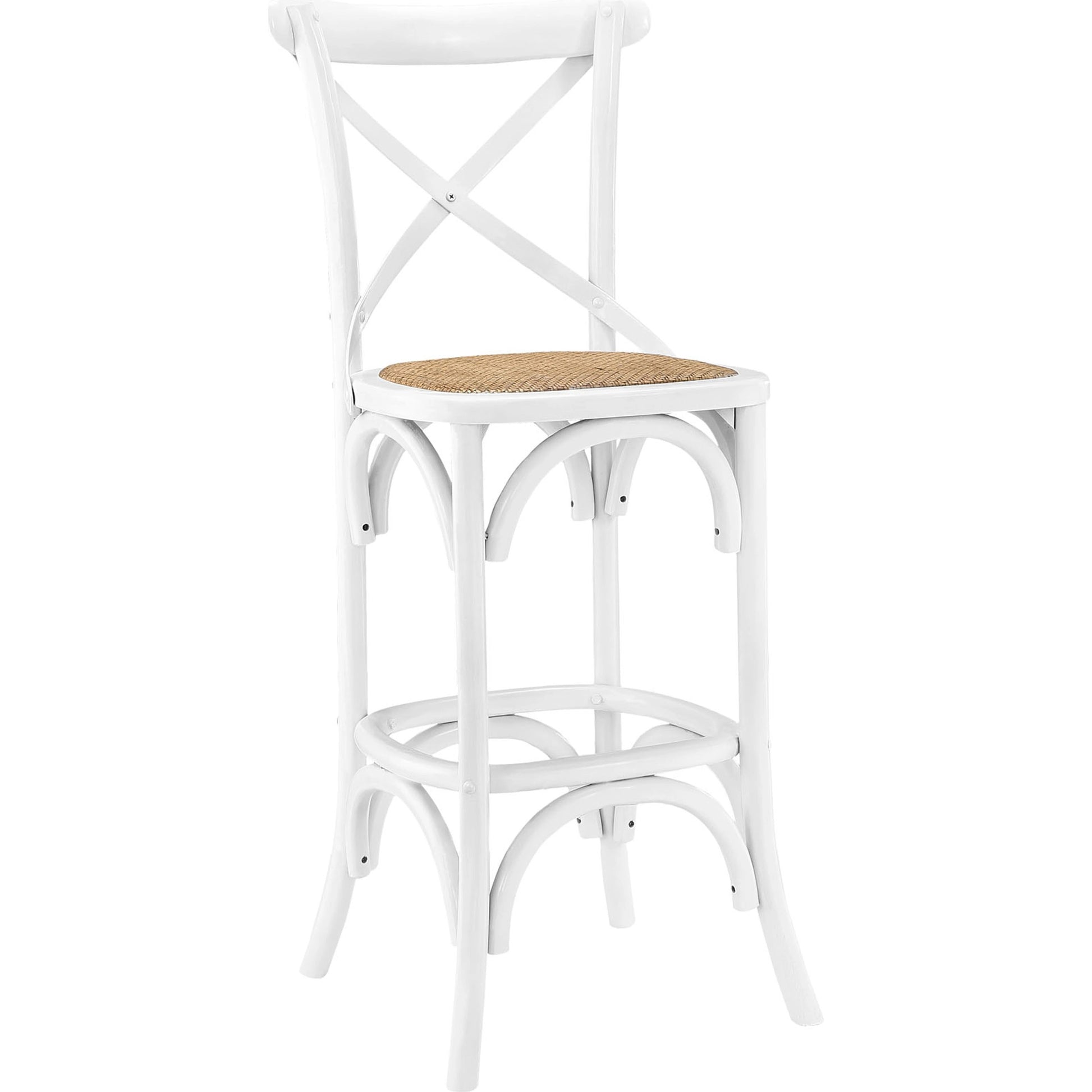 Easton Bar Stool by Evans & Londeen. Made from edge chinese elm wood, middle p2 plywood, top rattan, white foot pins in a cottage & farmhouse style.