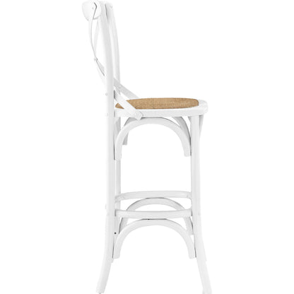 Easton Bar Stool by Evans & Londeen. Made from edge chinese elm wood, middle p2 plywood, top rattan, white foot pins in a cottage & farmhouse style.