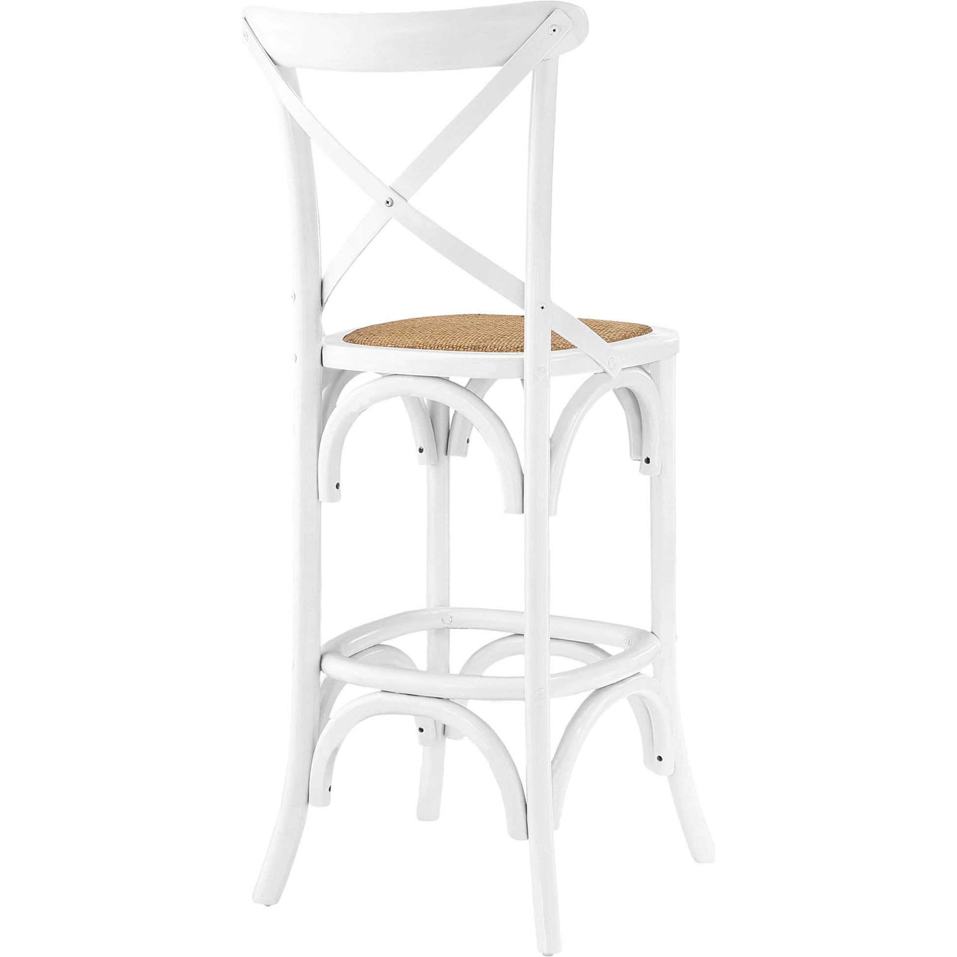Easton Bar Stool by Evans & Londeen. Made from edge chinese elm wood, middle p2 plywood, top rattan, white foot pins in a cottage & farmhouse style.