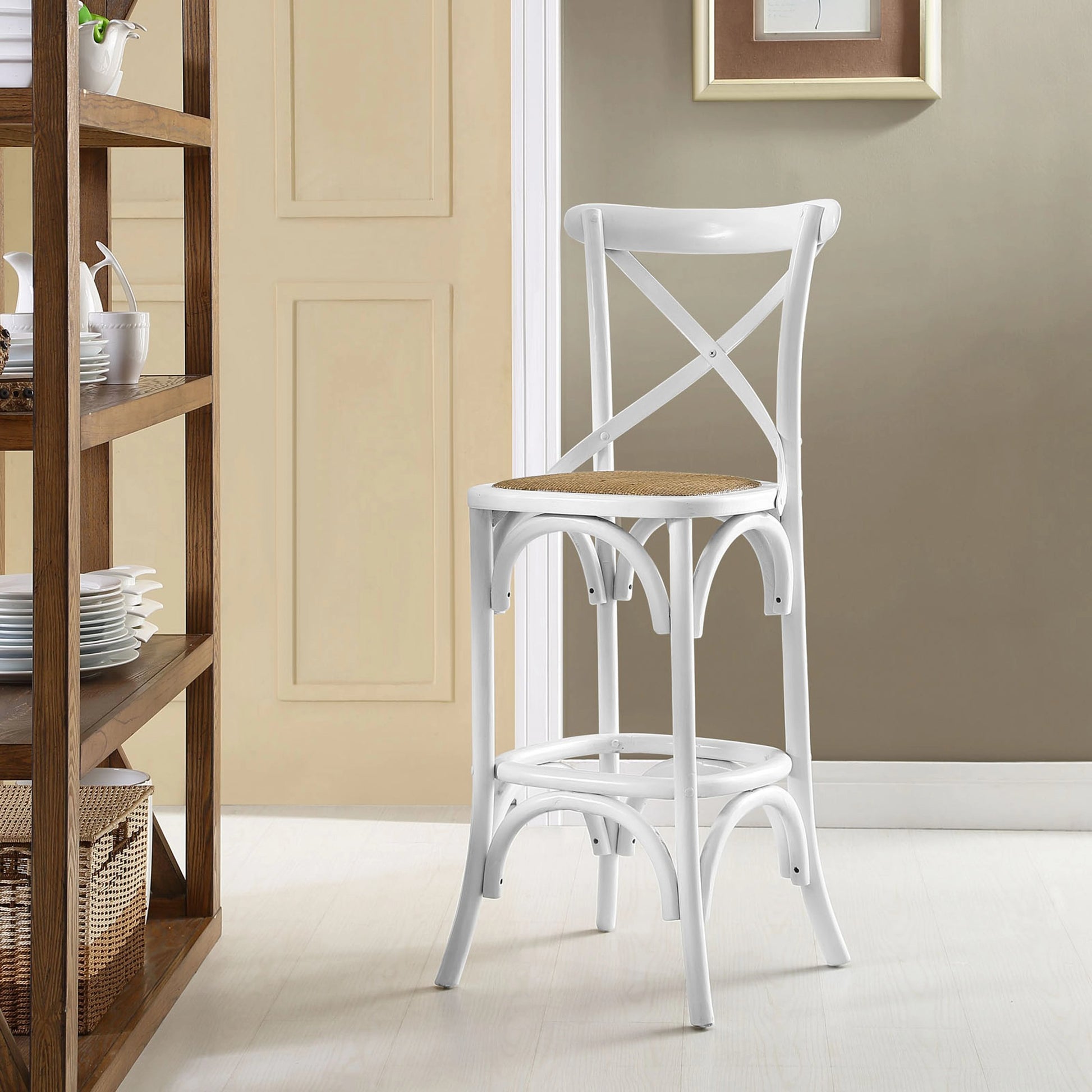 Easton Bar Stool by Evans & Londeen. Made from edge chinese elm wood, middle p2 plywood, top rattan, white foot pins in a cottage & farmhouse style.