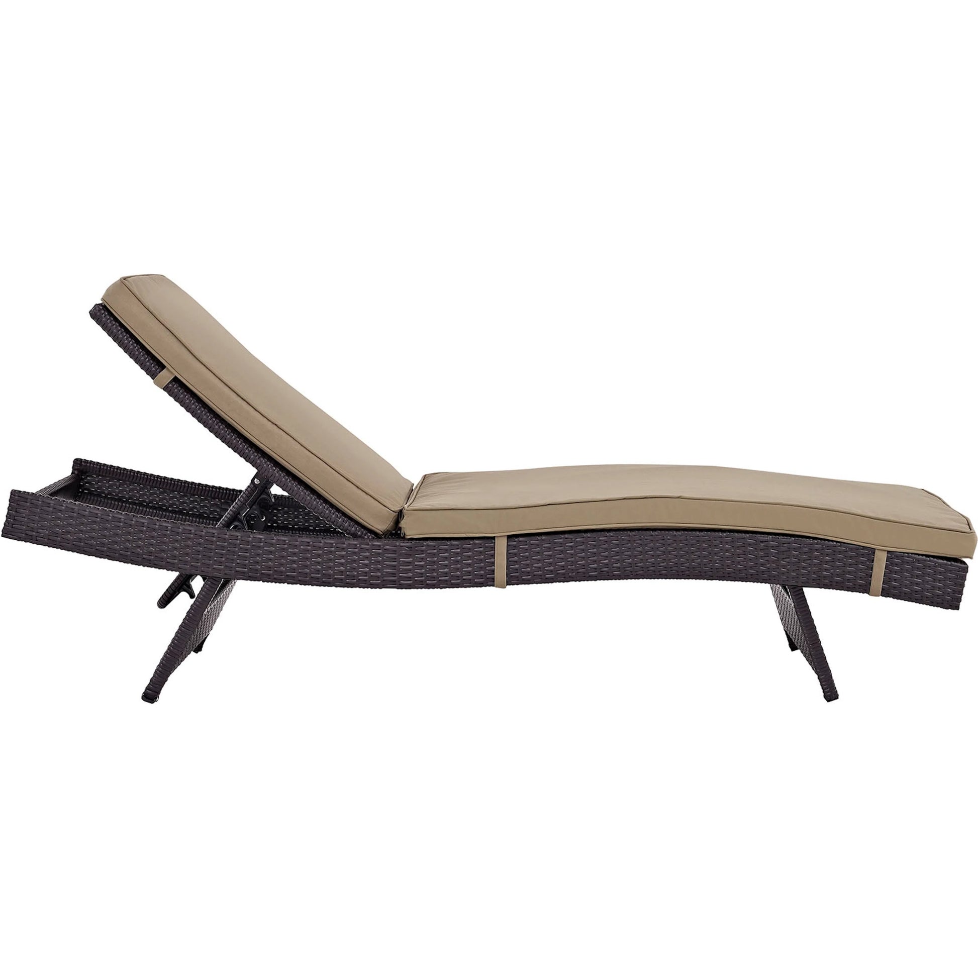 Amelia Outdoor Patio Chaise by Evans & Londeen. Made from synthetic rattan weave, powder coated aluminum, cushion density is 24kg, m3 in a modern style.