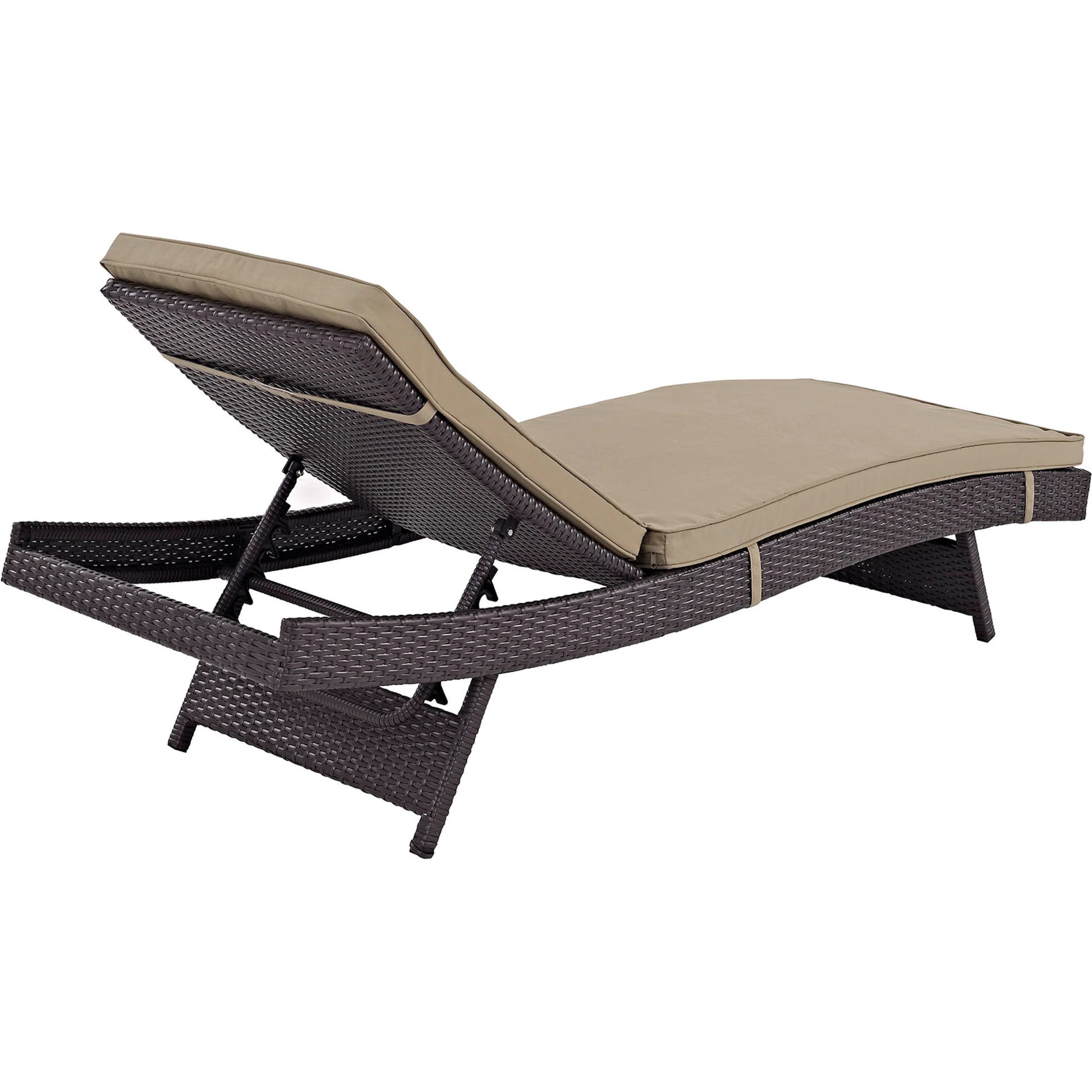 Amelia Outdoor Patio Chaise by Evans & Londeen. Made from synthetic rattan weave, powder coated aluminum, cushion density is 24kg, m3 in a modern style.