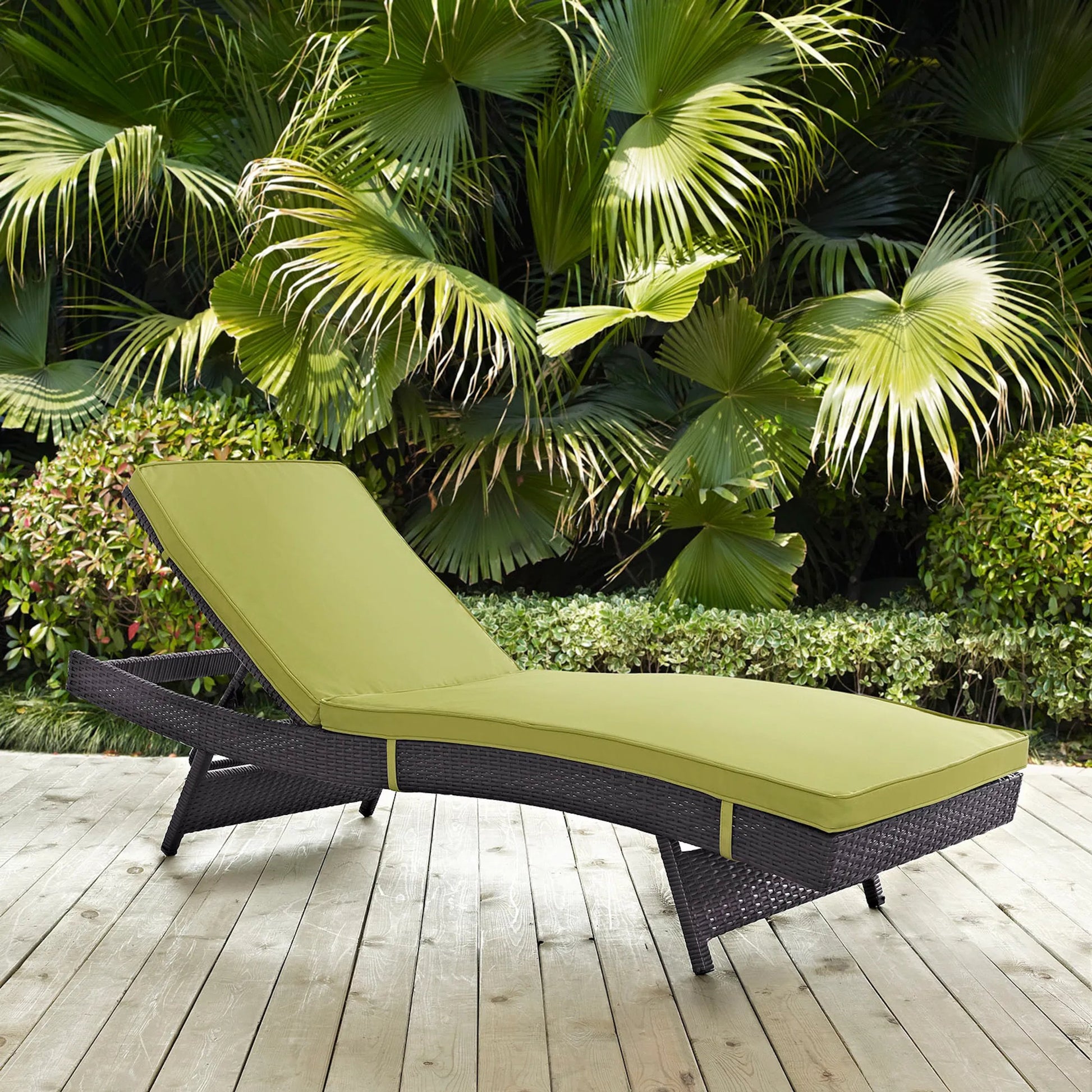 Amelia Outdoor Patio Chaise by Evans & Londeen. Made from synthetic rattan weave, powder coated aluminum, cushion density is 24kg, m3 in a modern style.