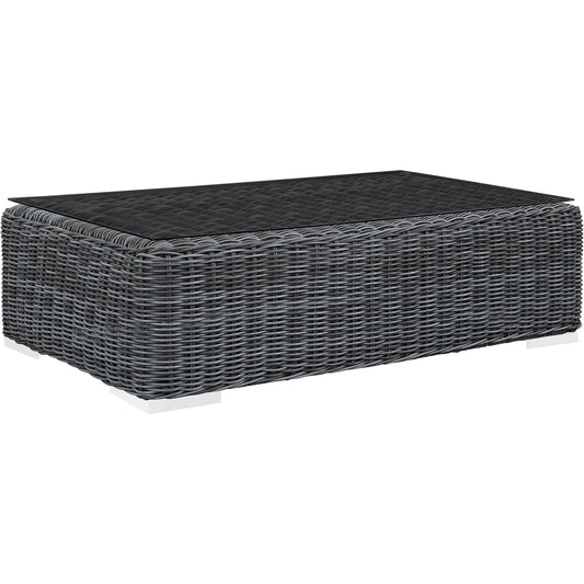 Malta 7 Piece Sunbrella Sectional Set by Evans & Londeen in canvas tuscan. Made from synthetic rattan weave, powder coated aluminum in a modern style.