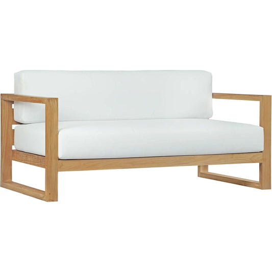 Natalia Outdoor Sofa by Evans & Londeen in natural white. Made from teak solid wood, chair weight capacity: 1323lbs. in a coastal style.
