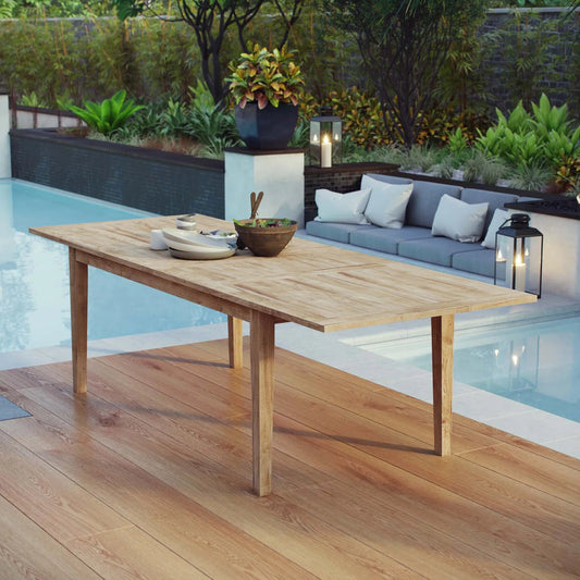 Andover Extendable Outdoor Dining Table by Evans & Londeen in natural. Made from solid teak material, 2 pcs middle leaf middle leaf size 465*1000mm, side board size 865*1000mm, apron size:935*1775*80mm；thickness of table top :30m