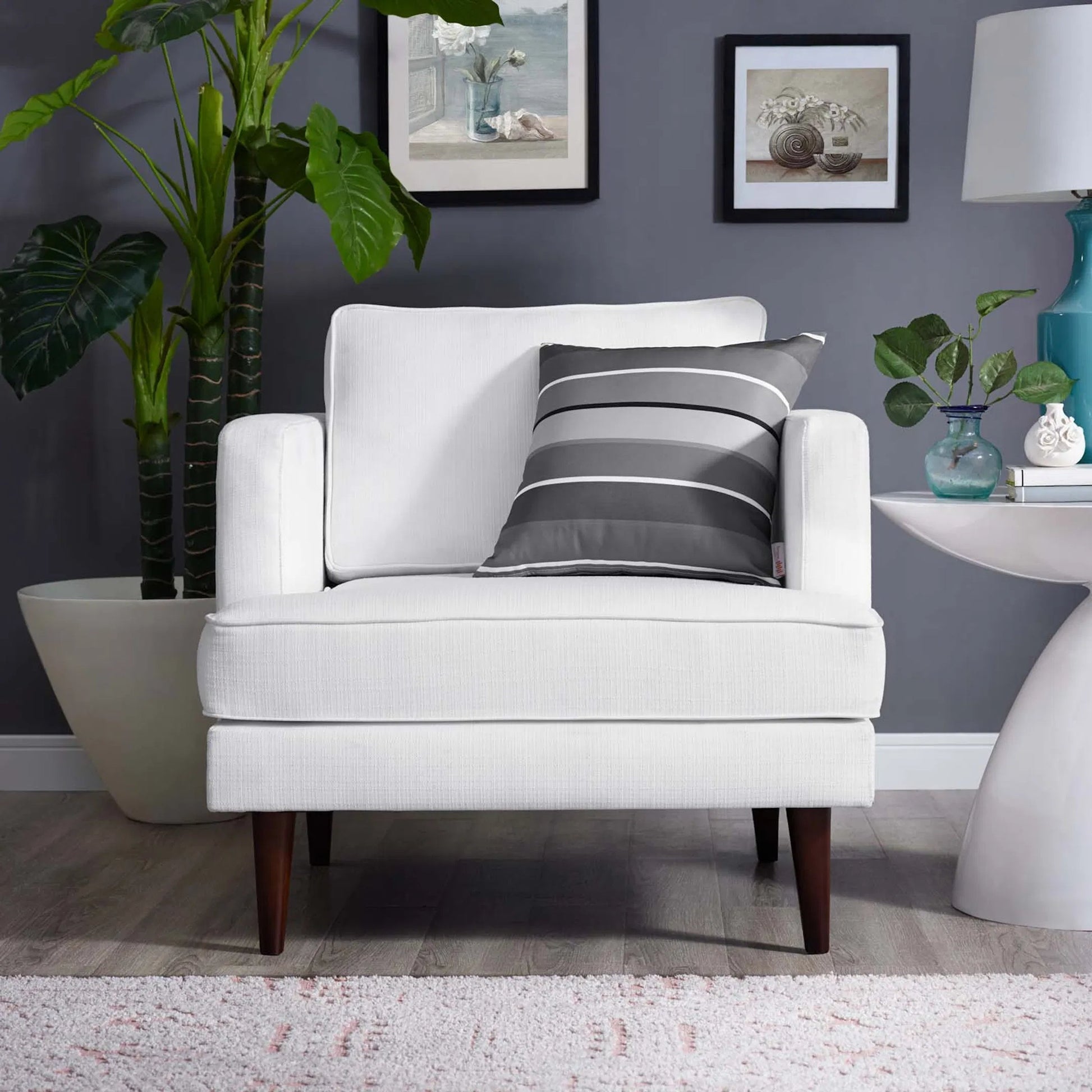 Bentley Armchair by Evans & Londeen in white fabric. Made from seat cushion：28-30kg, m3 density foam, back cushion:1.2kg, doll cotton, 100% polyester, leg:rubber wooden, solid wood, serpentine spring, plastic foot pad in a 