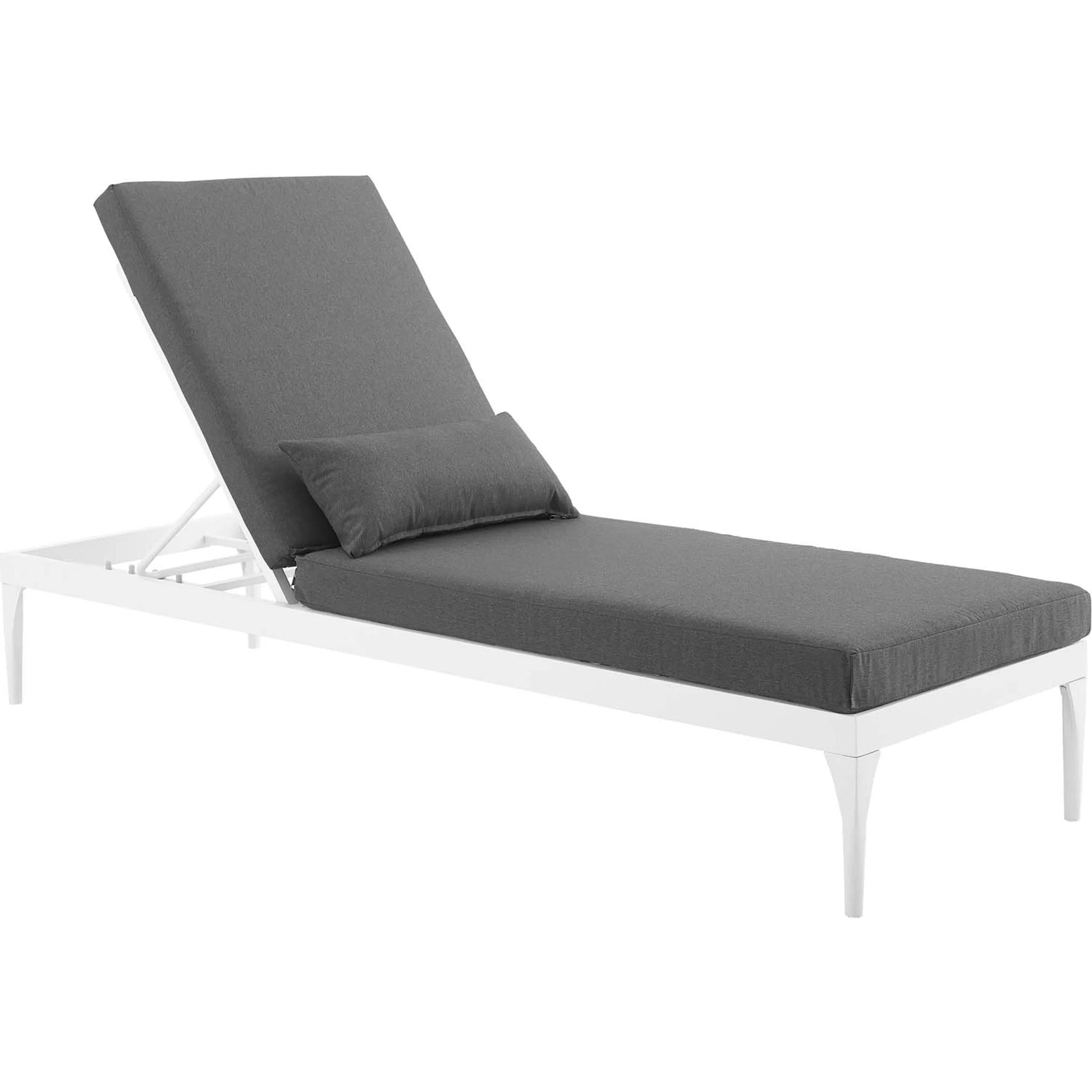 Crockett Cushion Chaise Lounge Chair by Evans & Londeen. Made from foam 3in thick, grey-weimas#7101-20, charcoal-solution dye#mw003, navy-weimas#7101-76, peridot-weimas#5201-82, turquoise-weimas#1451-13, aluminum frame, kd structure fo