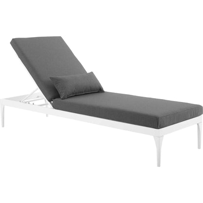 Crockett Cushion Chaise Lounge Chair by Evans & Londeen. Made from foam 3in thick, grey-weimas#7101-20, charcoal-solution dye#mw003, navy-weimas#7101-76, peridot-weimas#5201-82, turquoise-weimas#1451-13, aluminum frame, kd structure fo