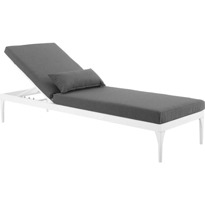 Crockett Cushion Chaise Lounge Chair by Evans & Londeen. Made from foam 3in thick, grey-weimas#7101-20, charcoal-solution dye#mw003, navy-weimas#7101-76, peridot-weimas#5201-82, turquoise-weimas#1451-13, aluminum frame, kd structure fo