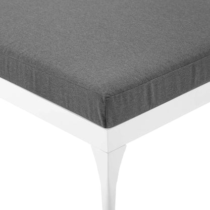 Crockett Cushion Chaise Lounge Chair by Evans & Londeen. Made from foam 3in thick, grey-weimas#7101-20, charcoal-solution dye#mw003, navy-weimas#7101-76, peridot-weimas#5201-82, turquoise-weimas#1451-13, aluminum frame, kd structure fo