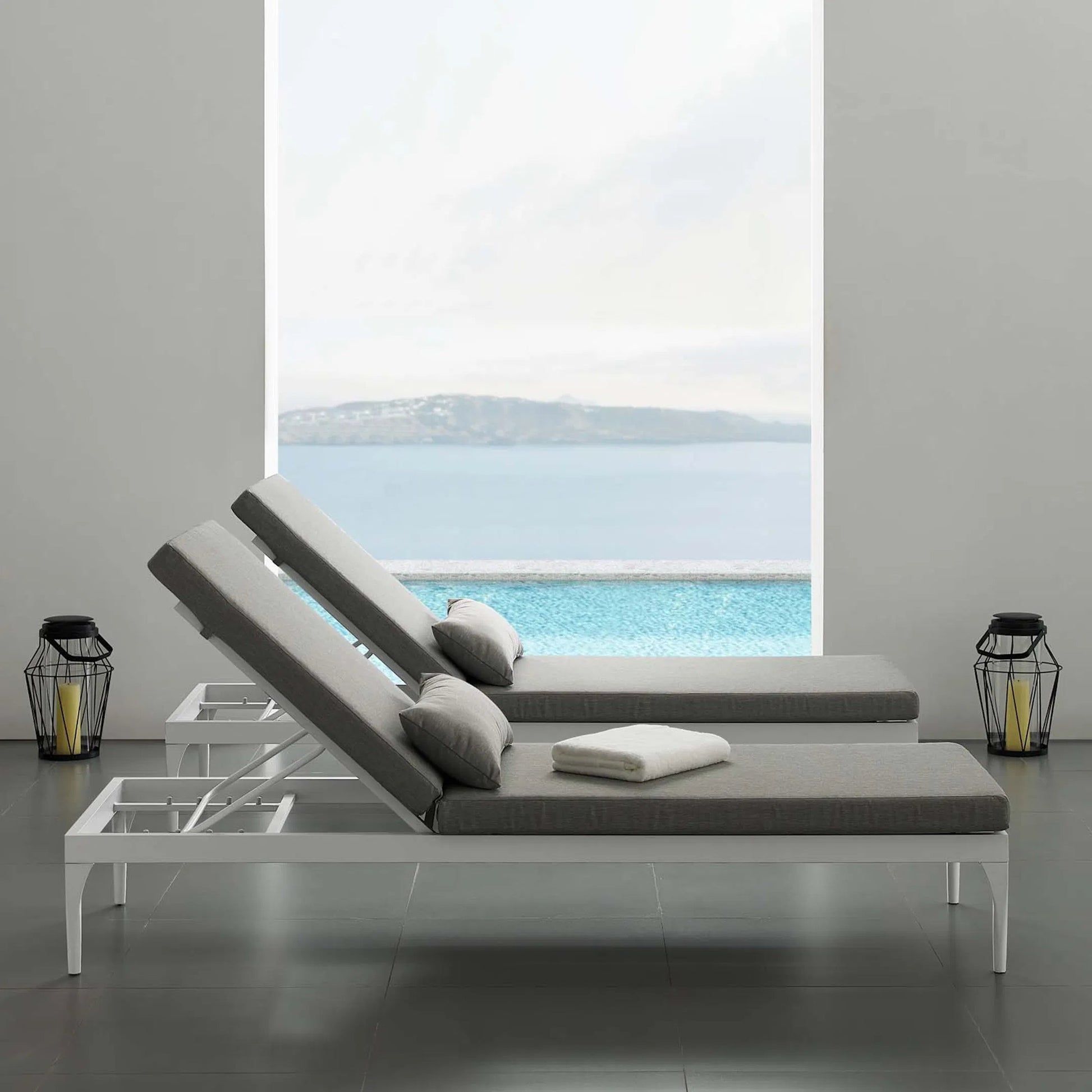 Crockett Cushion Chaise Lounge Chair by Evans & Londeen. Made from foam 3in thick, grey-weimas#7101-20, charcoal-solution dye#mw003, navy-weimas#7101-76, peridot-weimas#5201-82, turquoise-weimas#1451-13, aluminum frame, kd structure fo