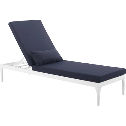 Crockett Cushion Chaise Lounge Chair by Evans & Londeen. Made from foam 3in thick, grey-weimas#7101-20, charcoal-solution dye#mw003, navy-weimas#7101-76, peridot-weimas#5201-82, turquoise-weimas#1451-13, aluminum frame, kd structure fo