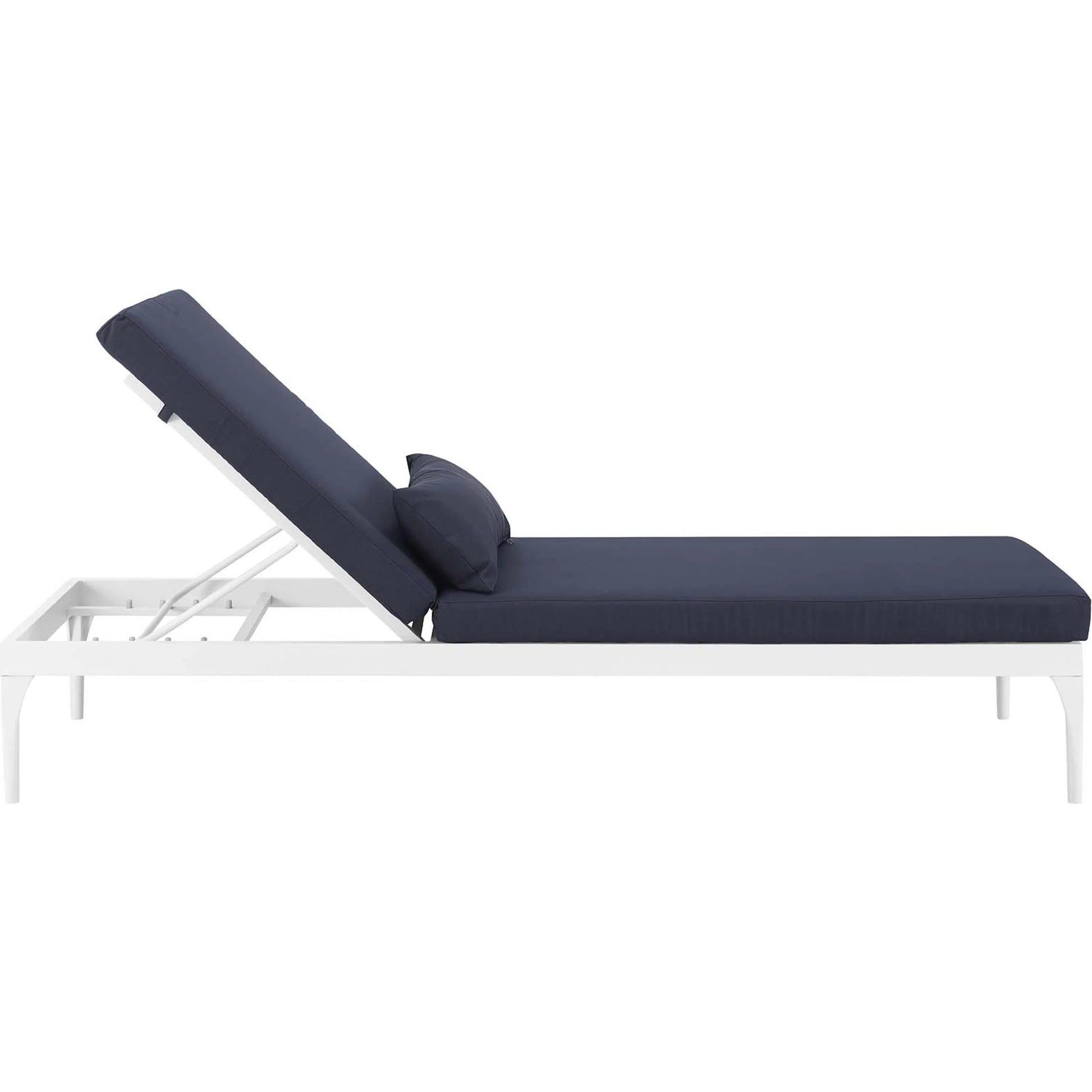 Crockett Cushion Chaise Lounge Chair by Evans & Londeen. Made from foam 3in thick, grey-weimas#7101-20, charcoal-solution dye#mw003, navy-weimas#7101-76, peridot-weimas#5201-82, turquoise-weimas#1451-13, aluminum frame, kd structure fo