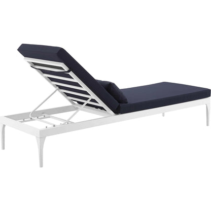 Crockett Cushion Chaise Lounge Chair by Evans & Londeen. Made from foam 3in thick, grey-weimas#7101-20, charcoal-solution dye#mw003, navy-weimas#7101-76, peridot-weimas#5201-82, turquoise-weimas#1451-13, aluminum frame, kd structure fo