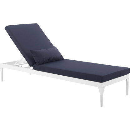 Crockett Cushion Chaise Lounge Chair by Evans & Londeen. Made from foam 3in thick, grey-weimas#7101-20, charcoal-solution dye#mw003, navy-weimas#7101-76, peridot-weimas#5201-82, turquoise-weimas#1451-13, aluminum frame, kd structure fo