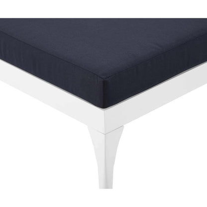 Crockett Cushion Chaise Lounge Chair by Evans & Londeen. Made from foam 3in thick, grey-weimas#7101-20, charcoal-solution dye#mw003, navy-weimas#7101-76, peridot-weimas#5201-82, turquoise-weimas#1451-13, aluminum frame, kd structure fo