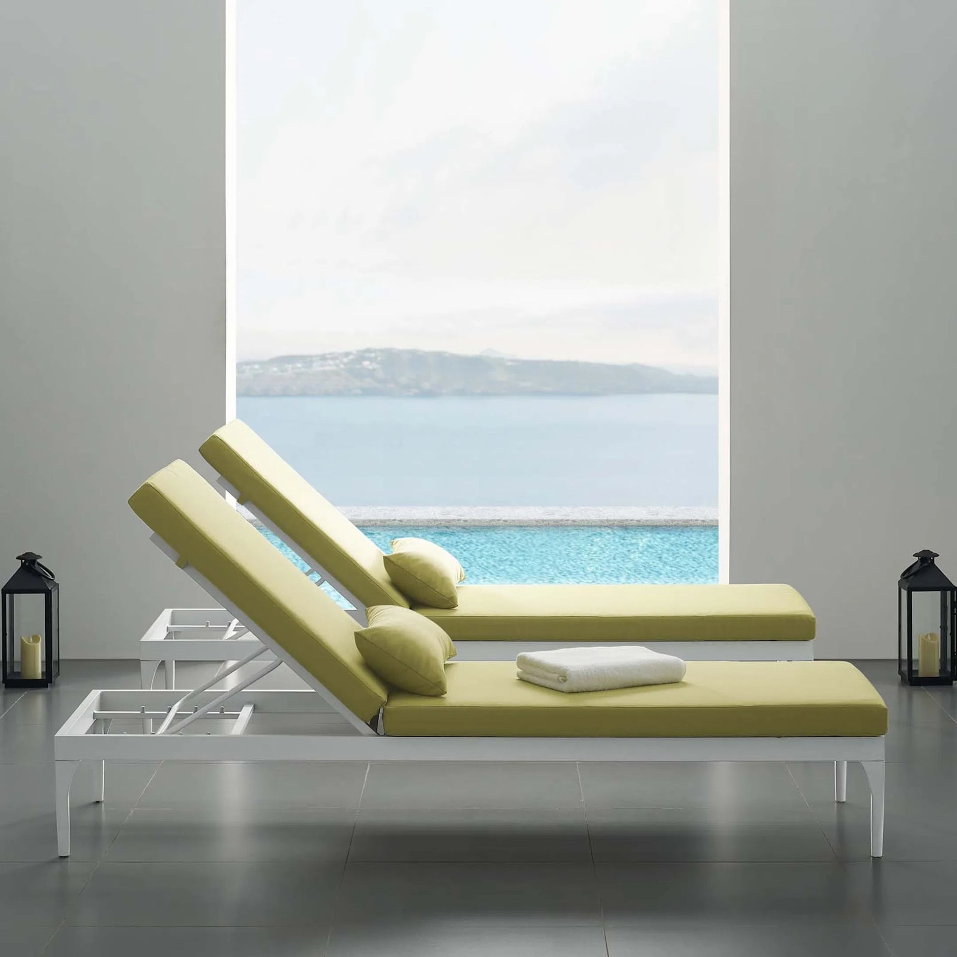 Crockett Cushion Chaise Lounge Chair by Evans & Londeen. Made from foam 3in thick, grey-weimas#7101-20, charcoal-solution dye#mw003, navy-weimas#7101-76, peridot-weimas#5201-82, turquoise-weimas#1451-13, aluminum frame, kd structure fo