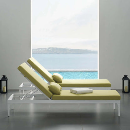 Crockett Cushion Chaise Lounge Chair by Evans & Londeen. Made from foam 3in thick, grey-weimas#7101-20, charcoal-solution dye#mw003, navy-weimas#7101-76, peridot-weimas#5201-82, turquoise-weimas#1451-13, aluminum frame, kd structure fo