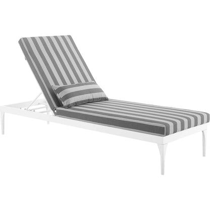 Crockett Cushion Chaise Lounge Chair by Evans & Londeen. Made from foam 3in thick, grey-weimas#7101-20, charcoal-solution dye#mw003, navy-weimas#7101-76, peridot-weimas#5201-82, turquoise-weimas#1451-13, aluminum frame, kd structure fo