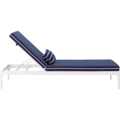 Crockett Cushion Chaise Lounge Chair by Evans & Londeen. Made from foam 3in thick, grey-weimas#7101-20, charcoal-solution dye#mw003, navy-weimas#7101-76, peridot-weimas#5201-82, turquoise-weimas#1451-13, aluminum frame, kd structure fo