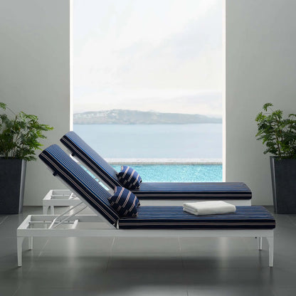 Crockett Cushion Chaise Lounge Chair by Evans & Londeen. Made from foam 3in thick, grey-weimas#7101-20, charcoal-solution dye#mw003, navy-weimas#7101-76, peridot-weimas#5201-82, turquoise-weimas#1451-13, aluminum frame, kd structure fo