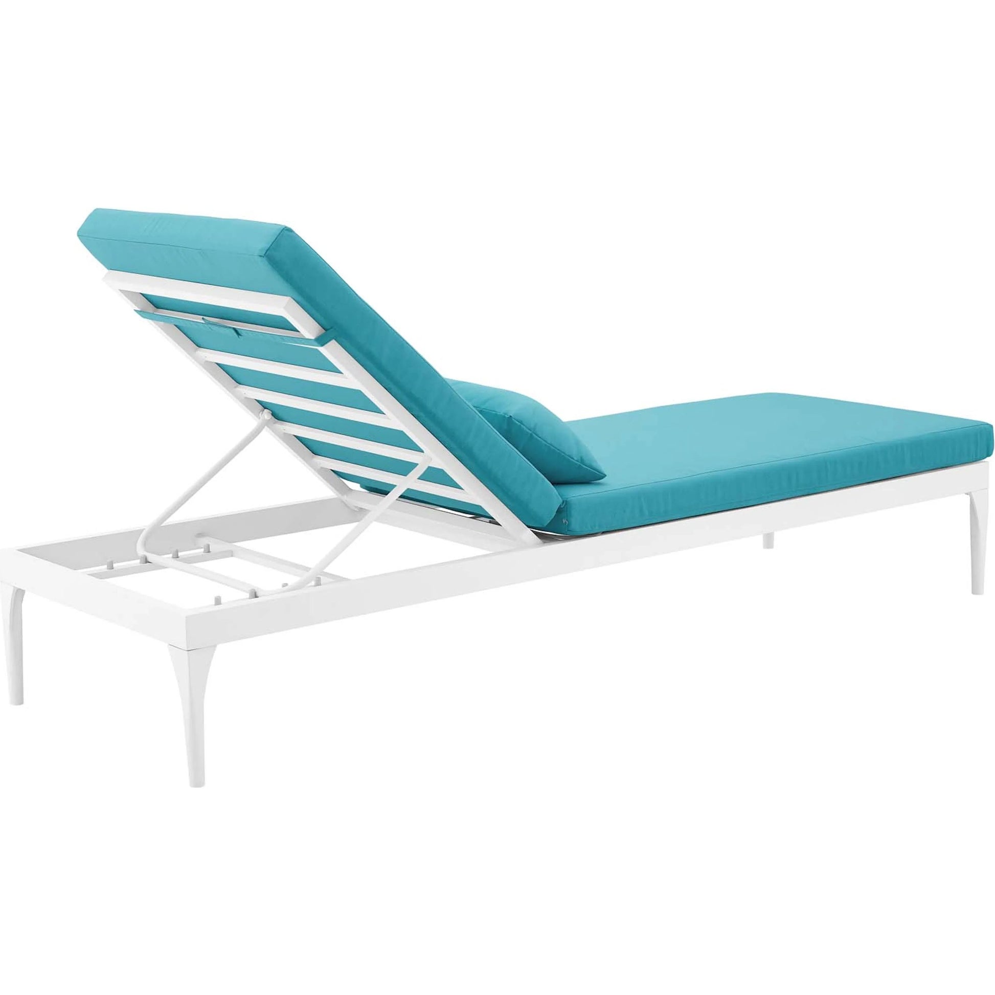 Crockett Cushion Chaise Lounge Chair by Evans & Londeen. Made from foam 3in thick, grey-weimas#7101-20, charcoal-solution dye#mw003, navy-weimas#7101-76, peridot-weimas#5201-82, turquoise-weimas#1451-13, aluminum frame, kd structure fo