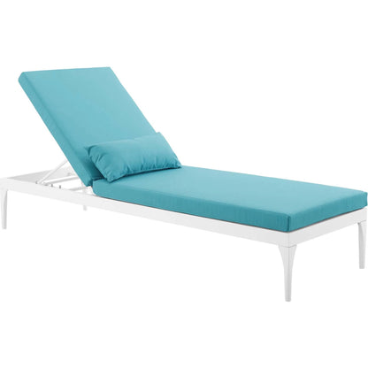 Crockett Cushion Chaise Lounge Chair by Evans & Londeen. Made from foam 3in thick, grey-weimas#7101-20, charcoal-solution dye#mw003, navy-weimas#7101-76, peridot-weimas#5201-82, turquoise-weimas#1451-13, aluminum frame, kd structure fo