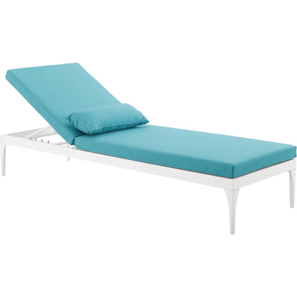 Crockett Cushion Chaise Lounge Chair by Evans & Londeen. Made from foam 3in thick, grey-weimas#7101-20, charcoal-solution dye#mw003, navy-weimas#7101-76, peridot-weimas#5201-82, turquoise-weimas#1451-13, aluminum frame, kd structure fo