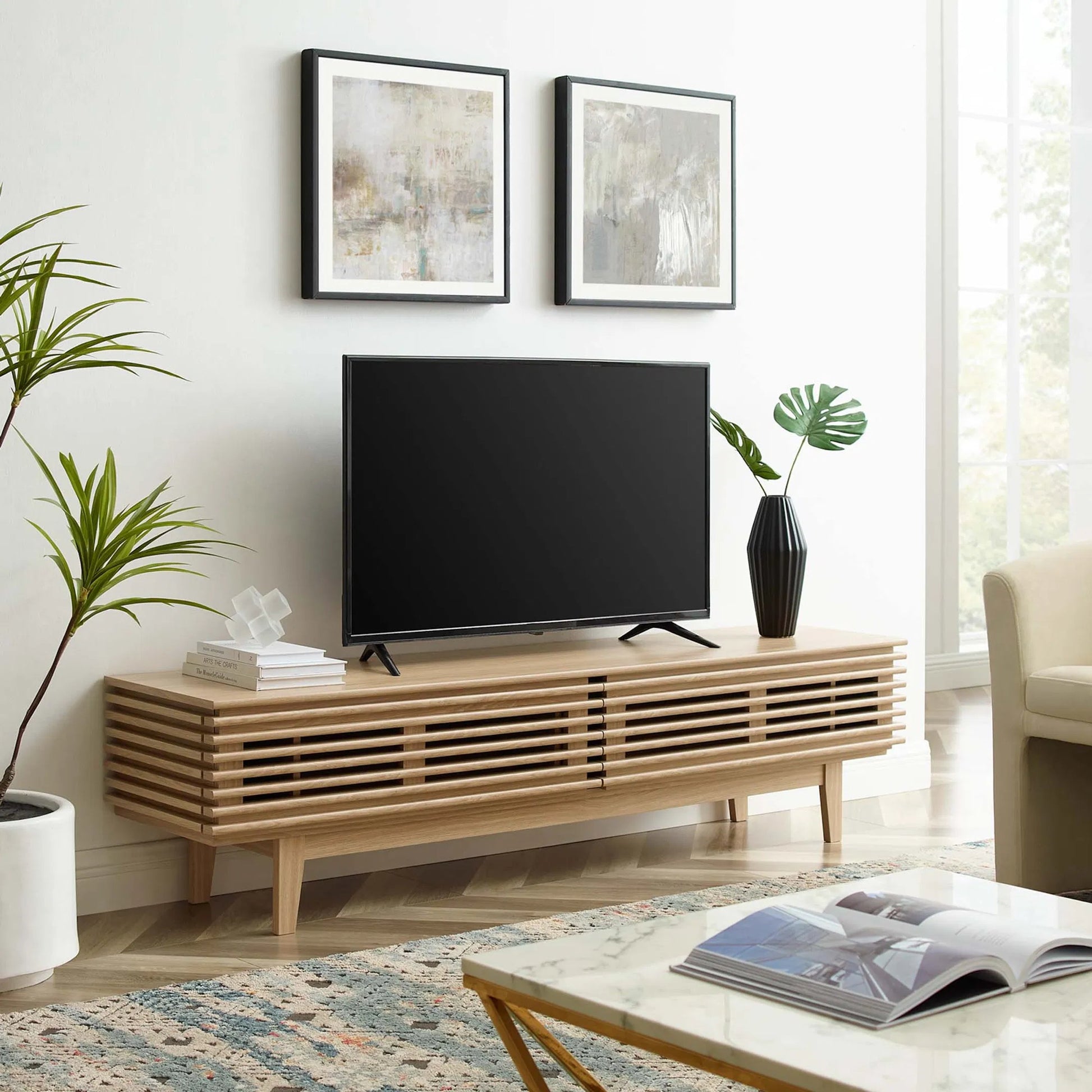 Rennell 71" TV Stand by Evans & Londeen. Made from foam pad, metal bar, pen duplo, cover, key l4 in a modern style.