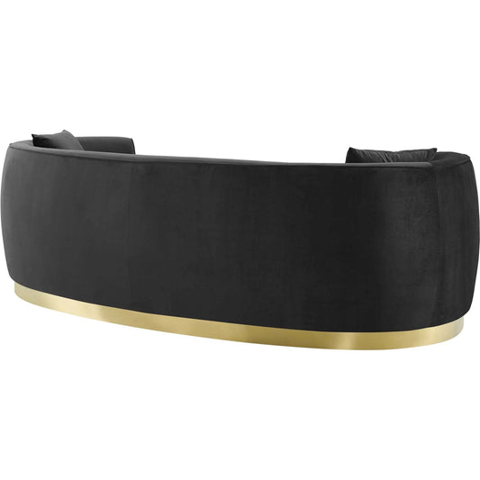 Marin Curved Sofa by Evans & Londeen. Made from brushed stainless steel with golden color, foam in 2 layer 4in, 0.5in, 1 layer 200g polyester wadding, yuhua velvet, 100% polyester, 2 matching pillows, plywood, wood frame, pp foo